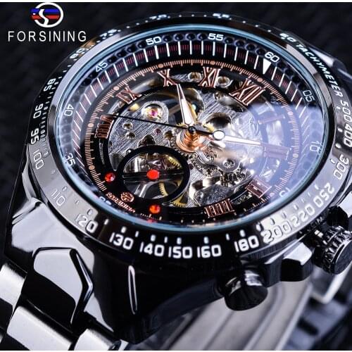 Forsining Sport Racing Speed Design Black Steampunk Watches Luminous Hands Mens Mechanical Skeleton Watch Top Brand Luxury Clock