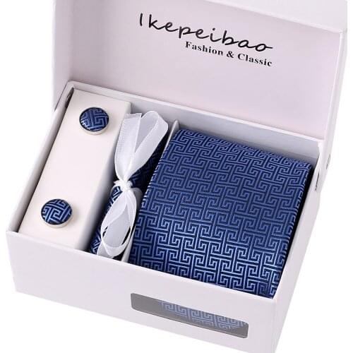 Novelty Mens Blue Ties Accessories Striped Dots Pattern Business Tie Set Pocket Square Cufflinks Neckwear Sets without box