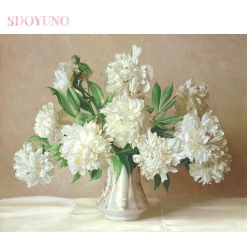 SDOYUNO oil painting by numbers flowers kit for adults White peony oil coloring by numbers acrylic paints for painting on canvas