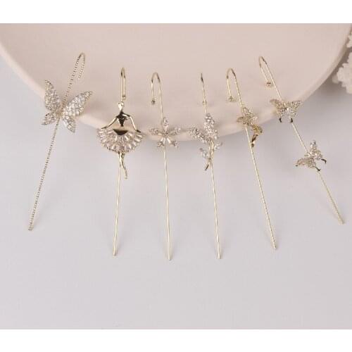 Korean hot selling fashion jewelry exquisite copper inlaid zircon dancer earrings modern women pierced flower butterfly earrings
