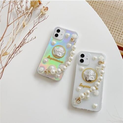 Little angel Laser TPU Phone Case for iPhone 12Pro MAX 11 7 8 Plus X XR XS MAX Pearl Lanyard Phone Protective Cover