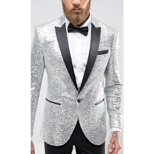 One Button Men Suits Silver and Black Groom Tuxedos Peak Satin Lapel Groomsmen Wedding Best Man ( Jacket+Pants+Bow Tie ) C686