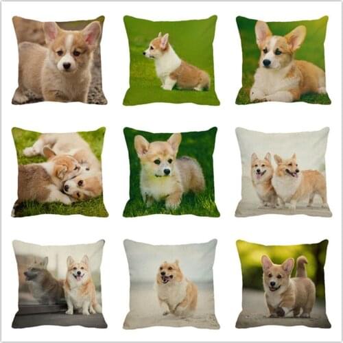 XUNYU Cute Pet Cushion Cover Corgi Throw Pillow Case Linen Cushion Cover Child Sofa Bed Decorative Pillowcase 45x45cm C0084