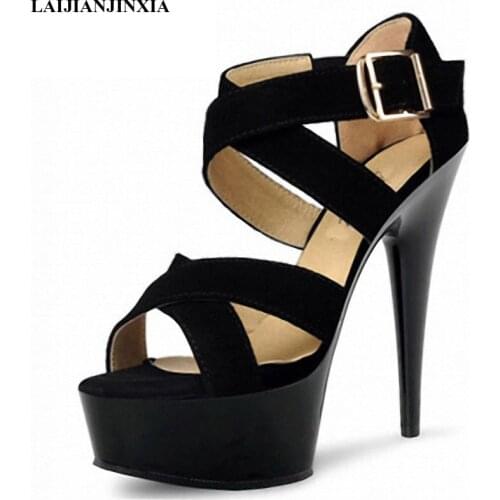 LAIJIANJINXIA New Sexy Black Elastic Strap Sandals High Heels Platform Open Toe Shoes Party Sandals For Women Gladiator Shoes