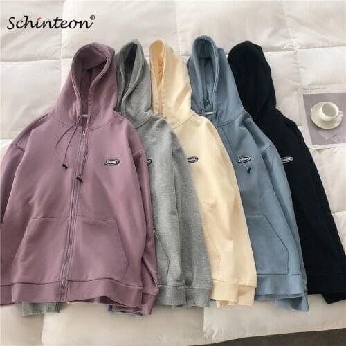 Schinteon Women Cotton Hoodies Simple Casual Sweatshirt Spring Loose Streetwear Oversize Jacket Zip-up Sport Top