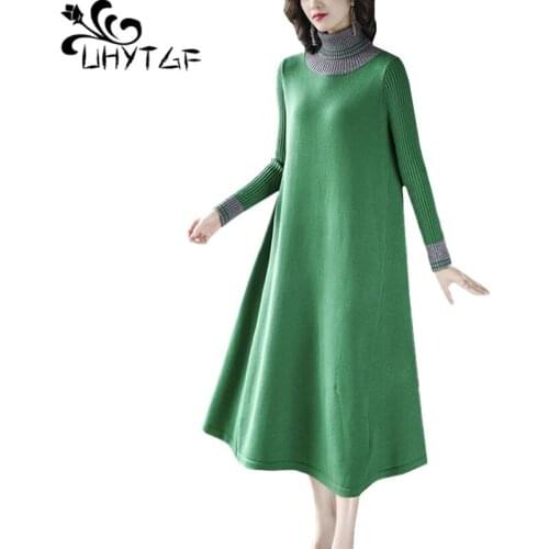 UHYTGF Long dress knitted turtleneck pullover winter sweater dress women solid color vintage elegant loose plus size dresses 841