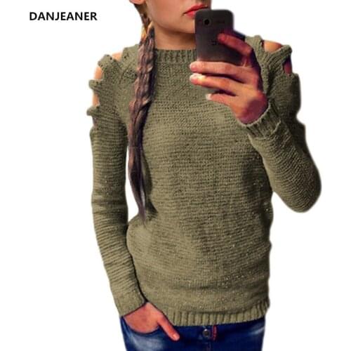 Danjeaner Autumn 2018 England Style Women Solid Slim Fit Pullovers Round Neck Hollow Out Plus Size Knitting Sweaters Jumpers