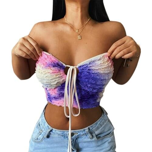 Womens Halter Crop Cami Tops Sexy Sleeveless Cutout Tie Dye Print Smocked Camisole