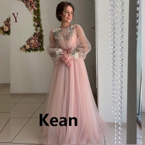 New Arrival Evening Dress Puff Sleeve Lace Pink Simple robe soiree Islamic Dubai Kaftan Saudi Arabic Boho Prom Dress