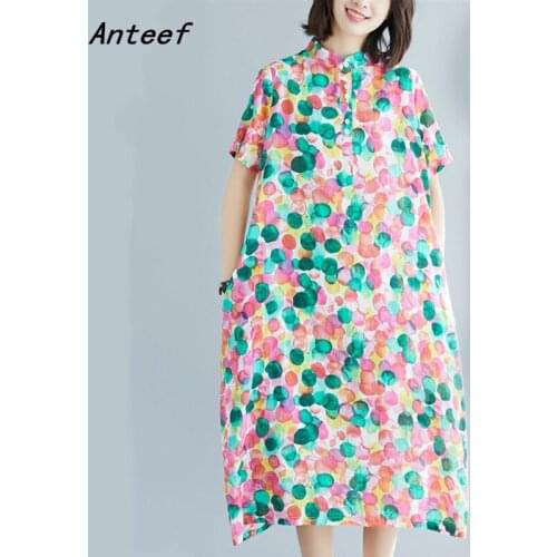 Short sleeve cotton linen vintage Polka Dot dresses for women casual loose long summer dress elegant clothes 2021