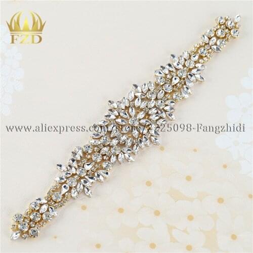 1 Piece Rhinestones Appliques Hot Fix Shiny Glass Sewing Stunning Bridal Gold Crystal Applique for Wedding Dress FA-1078