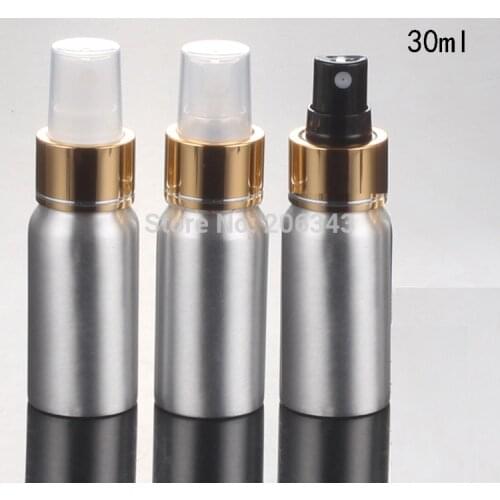 100pcs 30ml Aluminium bottle metal bottle with gold collar transparent/white/black sprayer pump, mist sprayer bottle