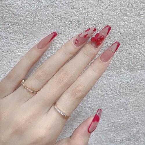 24pcs Bow Nail Patch Glue Type Removable Long Paragraph Fashion Manicure False Nail Patch DL