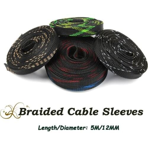5M 12mm Braided Cable Sleeving 5 Colors Expandable 150% Insulation Tight Nylon PET Wire Cable Sleeves Gland Mesh Shock