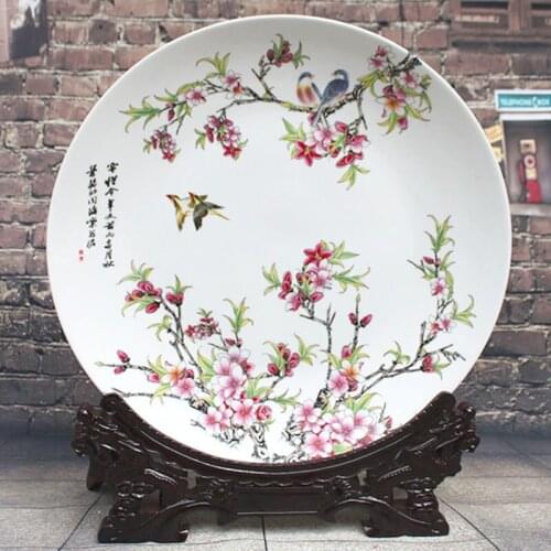 Antique Inmitation Ceramic Porcelain Decoration Plate Chinese Artistic Collection with Glazed Birds and Flowers Painting