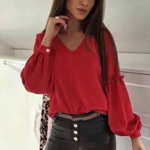 Womens Ruffles Lantern Long Sleeve Blouses Solid V-Neck Collar Tops Loose For Women Casual Elegant Ladies Fasion Spring 2021
