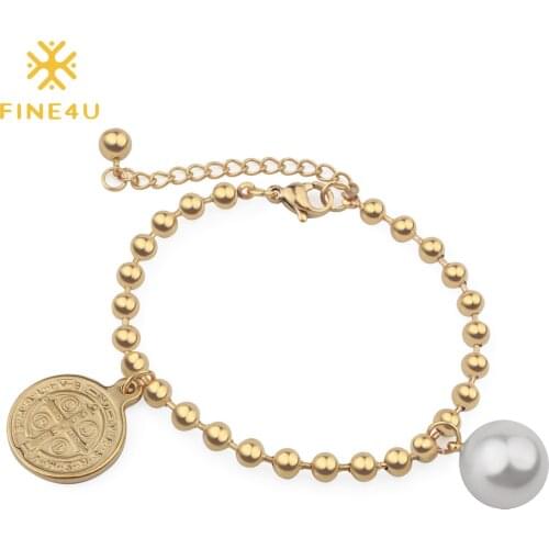 FINE4U B183 Crucifix Rosary Jewelry Jesus Pearl Charms Bracelet Gold Color Stainless Steel Beaded Bracelets For Men Womens Gift
