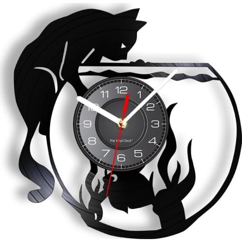 Fishbowl Wall Clock Cat Capturing Fish Vinyl Record Creative Style Non-Ticking Silent Home Decor 7- Colors Night Light Modern