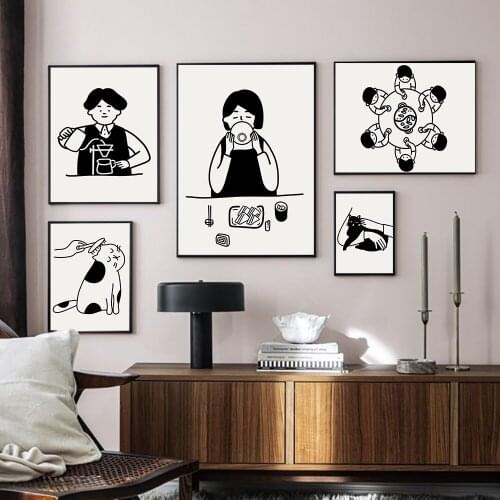 Black White Cartoon Animals Cat Boy and Girl Posters and Prints Art Canvas Painting Wall Pictures For Kitchen Unique Home Decor