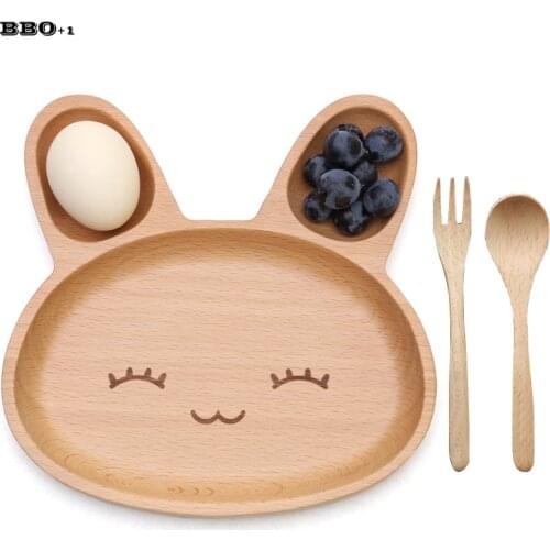 Cute Rabbit Face Wood Dinner Plate Children Fork Spoon Kids Cartoon Food Fruit Dish Tray Child Baby Serving Table Kitchen Plate