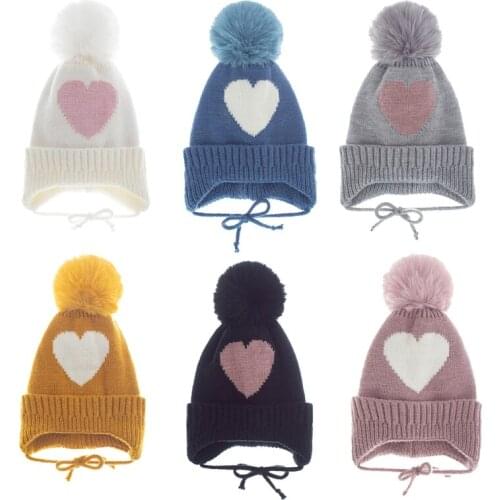 13-36 Month Kids Knit Pom Beanie Hat Cute Heart Shaped Baby Autumn Winter Warm Cotton Crochet for Boys Girls Women H3CD