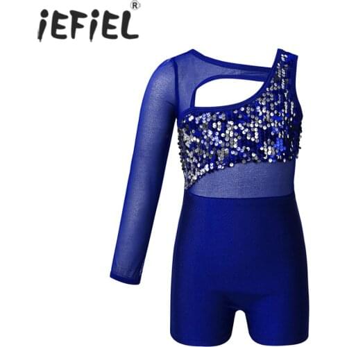 Kids Girls One Mesh Sleeve Shiny Sequins Cut Out Ballet Dance Costume Gymnastics Leotard Jumpsuit Ice Figure Skating Unitard