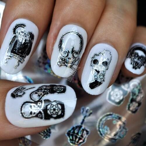 Punk Style Zombie Love Nail Art Foil Stickers Glue Transfer Cute Skull Head New SY678