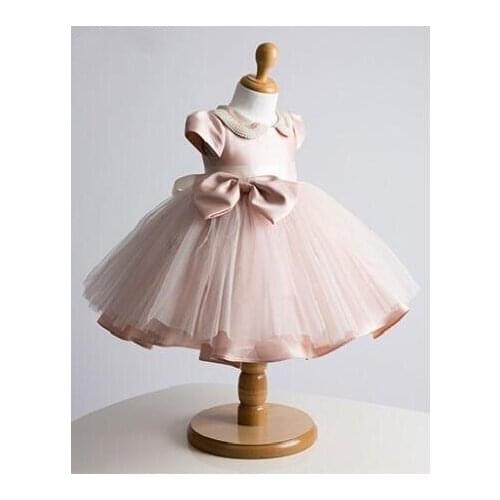 Cute Pink Flower Girl Dress with pearls Baby ball gown baby girl Birthday Dress Newborn baptism Dress christening gown