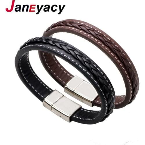 HOT Top Quality Genuine Leather Bracelet Men Stainless Steel Leather Braid Bracelet With Magnetic Buckle Clasp Man with bracelet