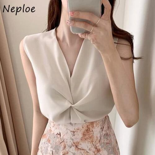 Neploe Work Style Ol Solid Blouse Women V Neck Tie Design Sleeveless Shoulder Strapless Blusas Summer 2021 New Simple Shirt