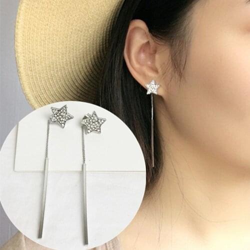 New Korean Simple Elegant Womens Rhinestone Crystal Pentacle Star Long Tassels Earrings Fashion Jewelry Accessories Gifts