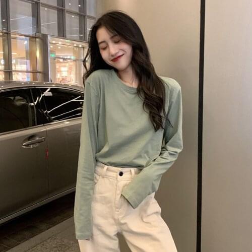 Korean Style Solid Basic Tee Shirt Casual O-Neck Long Sleeve T-Shirt Autumn Womens Clothing Harajuku High Teen Plus Size Top