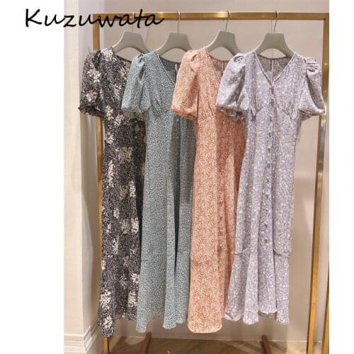Kuzuwata French Print Holiday Long Dress Women High Waist Hip A Line Slim Vestidos Summer 2021 New Puff Shrot Sleeve Robe