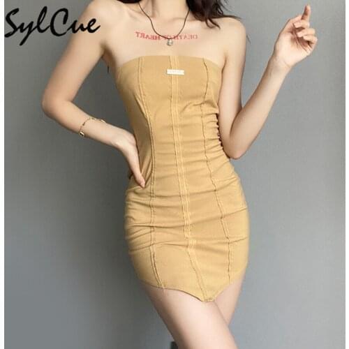 Sylcue Summer new Strapless tight dress cutting stitching in the middle and short on the sides design cute and playful lady