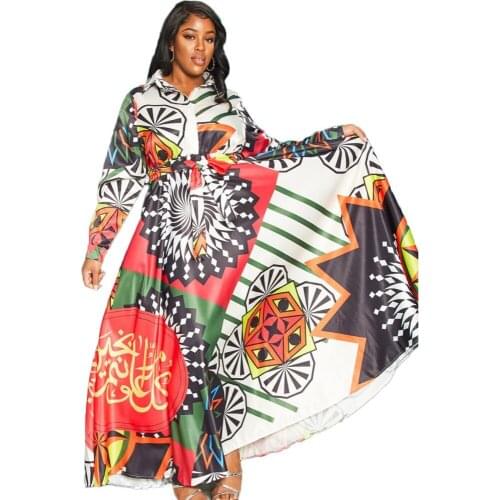 Plus Size Clothing Printed Long Sleeve Shirt Maxi Dress Women African Ethnic Style Long Skirt Casual Loose Party Dress Vestidos