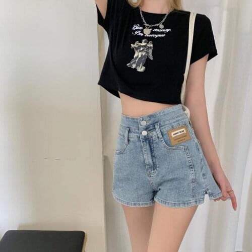 High Waist Letters Patchwork Denim Shorts Women Clothes Y2K Summer Hip Hop Side Split Jeans Shorts Female Wide Leg Pants P135