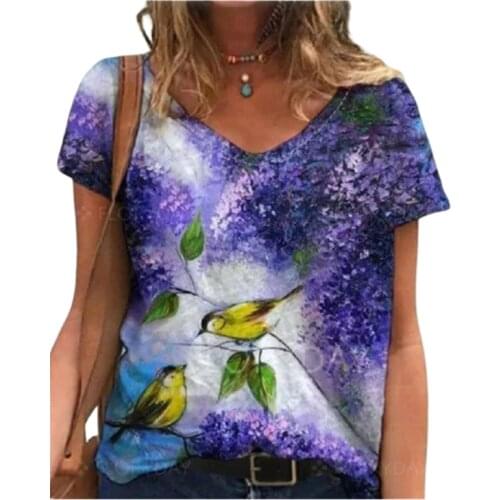 Streetwear Casual T Shirt 2021 New Fashion V-Neck Loose Pullovers Ladies Tops Summer Women Animal Birds Print Shirt Plus Size