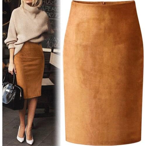 Sexy Multi Color Suede Midi Pencil Skirt Women 2021 Fashion Elastic High Waist Office Lady Bodycon Skirts Saias