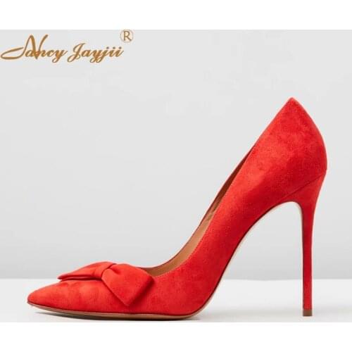 Woman Shoes Lady Pumps Flock Solid Basic Butterfly-knot Sweet Super High Thin Heels Slip-On Pointed Toe Brand Nancyjayjii 2019