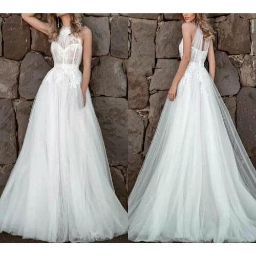 Long A-Line Lace Tulle Wedding Dresses Floor Length Pleated Halter Vestidos de novia Abendkleider Maxi Bridal Gowns for Women