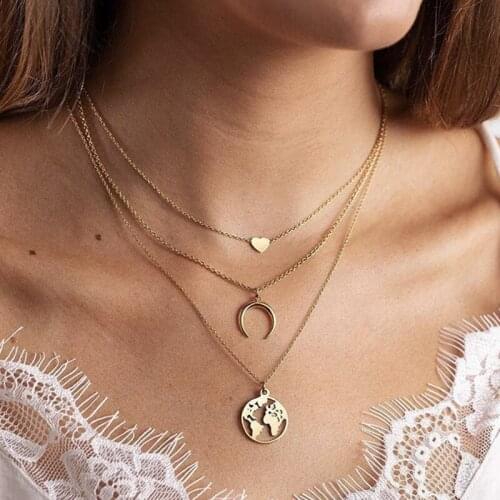 Trendy European Multilayer Heart Moon Map Pendant Necklaces for Women Vintage Elegant Gold Chains Necklace Jewelry Gift YN1278