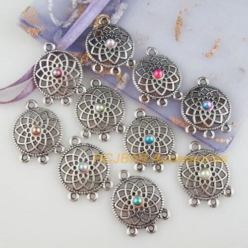 20 New Round Charms Mixed Acrylic Flower Connectors Tibetan Silver Tone 18x24.5mm