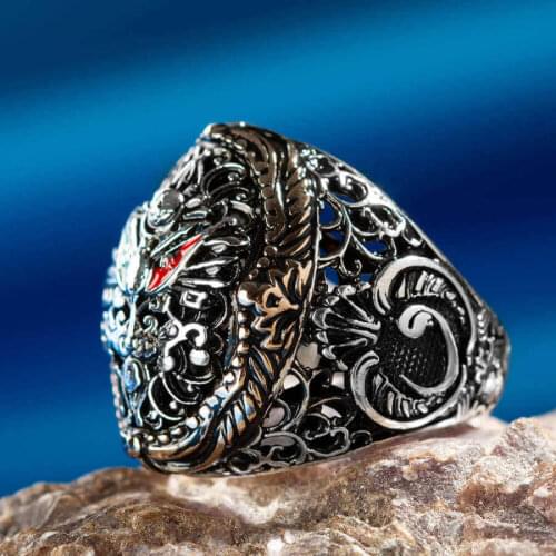 925 Sterling Silver Ottoman Crest Mens Ring with Arabic Letter V Arabic Wav Ring for Men Ottoman Coat of Arms ring