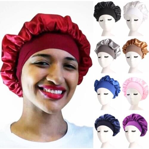 Solid Color Elastic Satin Hat Hair Night Sleep Cap For Hair Care Adjustable Bonnet Headband Turban for Women Shower Cap