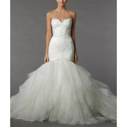 Elegant Pearls Mermaid Lace Appliques Layered Ruffles Wedding Dresses Custom Made Off Shoulder Bridal Gowns