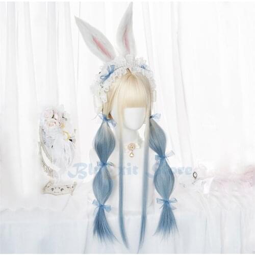 Gradient Beige Blue Lolita Wig Harajuku Princess Straight Long Synthetic Hair Bangs Adult Sweet Girls Youtuber Daily Wear 138