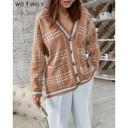 WOTWOY Jacquard Knitted V-Neck Cardigan Women Autumn Winter Buttons-Up Loose Printed Sweater Female Kimono Cardigans Knit Tops