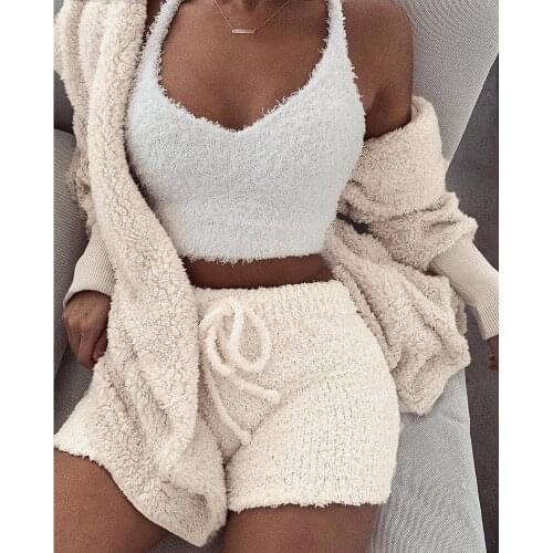 Echoine Autumn Winter Faux Fur Coat Shorts 2 Piece Set Fur Jacket Female Plush Overcoat Casual Teddy Outwear women matching set