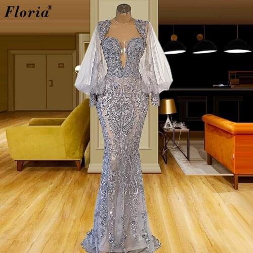 2 Designs Gray Evening Dresses Long Sleeves Formal Evening Gowns With Beads Lace Plus Size Wedding Party Dress Vestidos Formales
