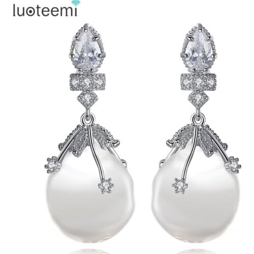 LUOTEEMI New Elegant Drop Earrings Noble Women Wedding Accessories Clear CZ with Natural Pearl Dangle Brincos Best Love Gift